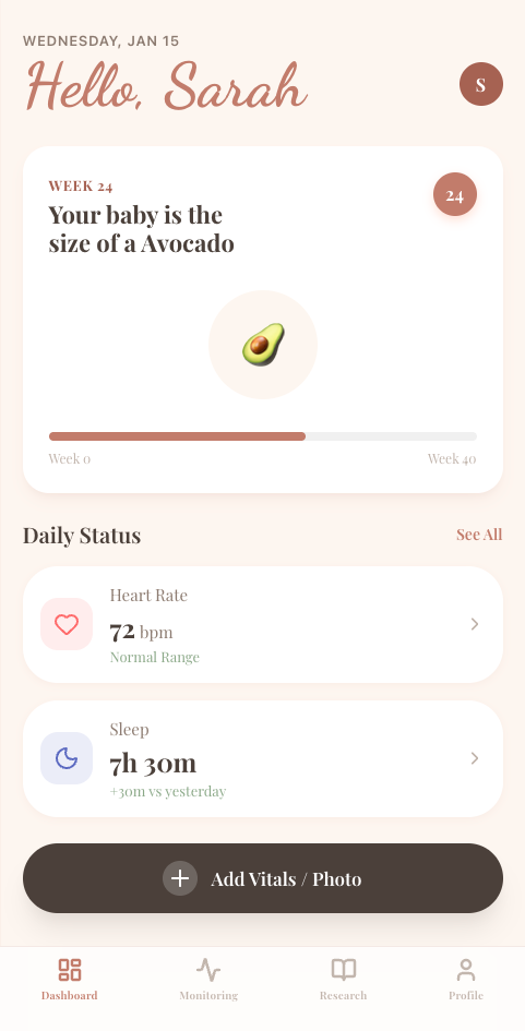 Bello app showing week 24, heart rate and sleep